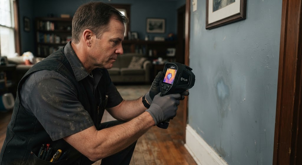 Thermal imaging camera diagnosing hidden water leak behind residential wall in Willingboro