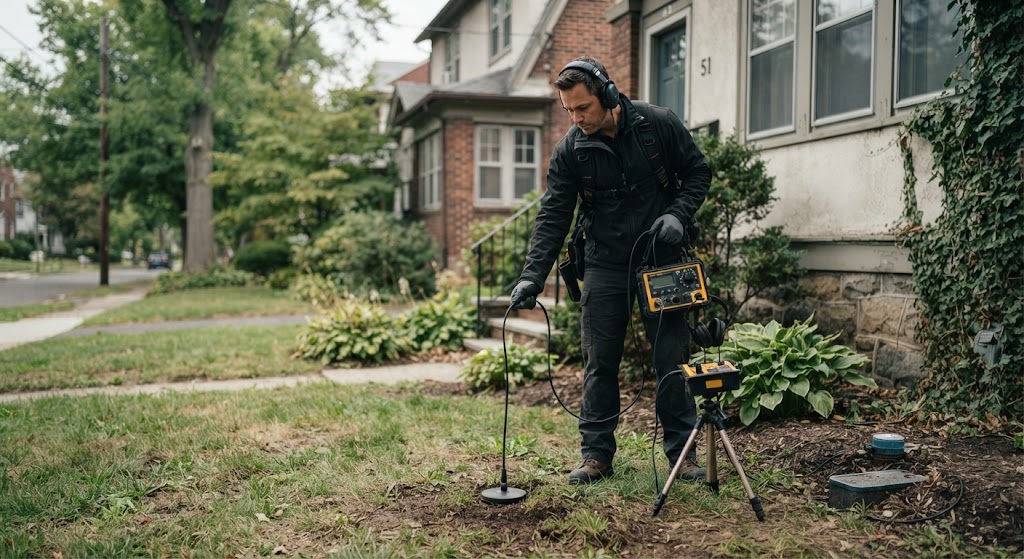 Specialist conducting sprinkler leak detection Willingboro NJ on residential lawn