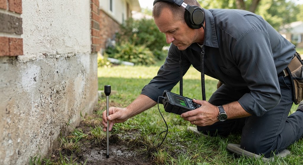 Technician conducting acoustic ground testing for slab leak detection Willingboro NJ